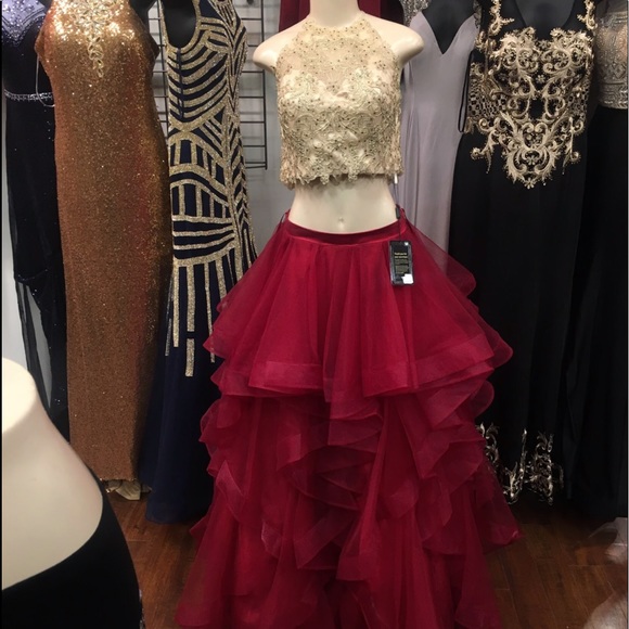 red and gold two piece prom dress
